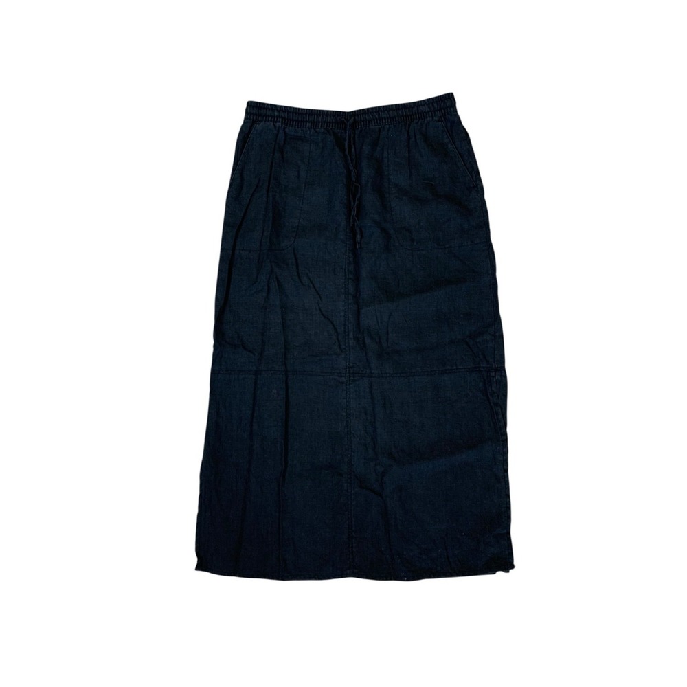 Garnet Hill Womens 8 Black Linen Midi Skirt Drawstring Pockets